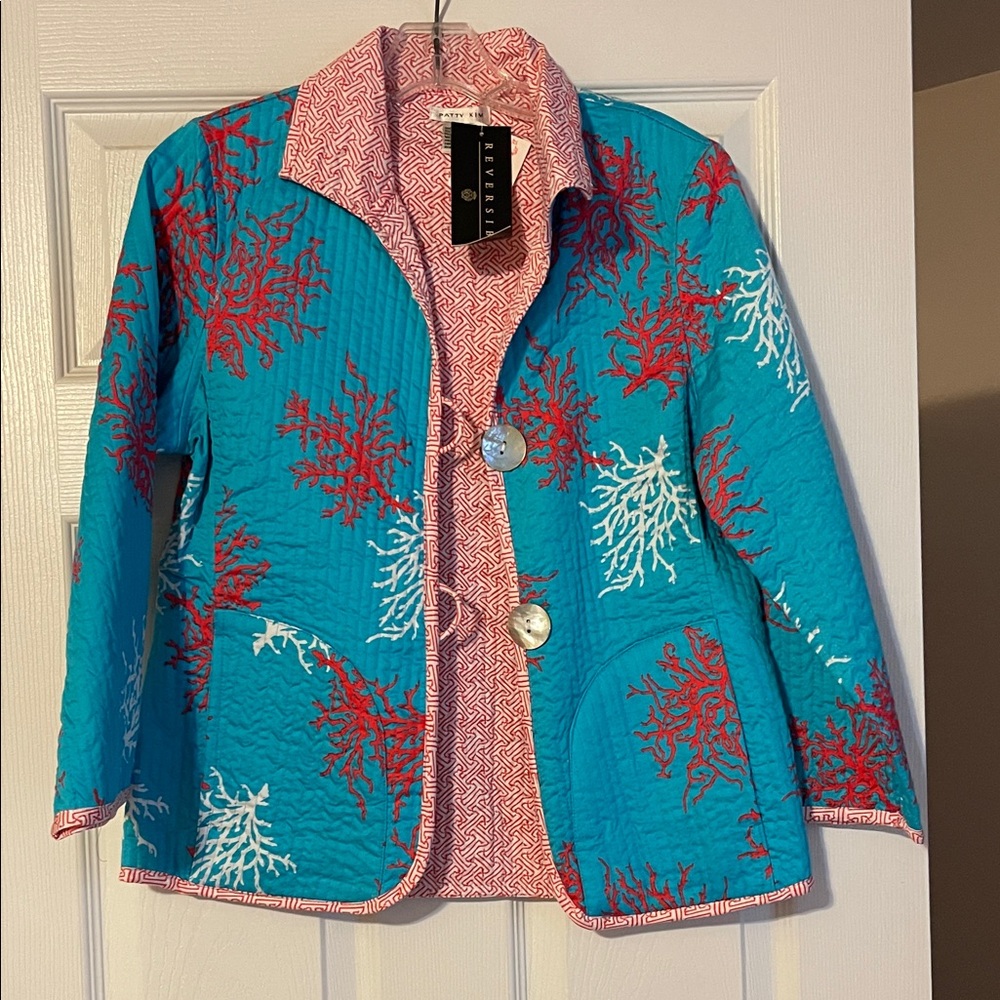 PATTY KIM Blue and Red Coral Print Blazer